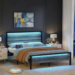 Ktaxon Full-Size Metal Bed Frame with LED & Charging Station